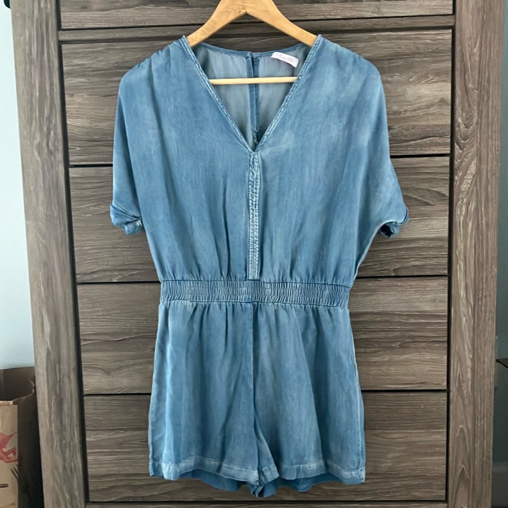 Pink Lily Blue One Piece Romper with V Neck and Short Sleeves